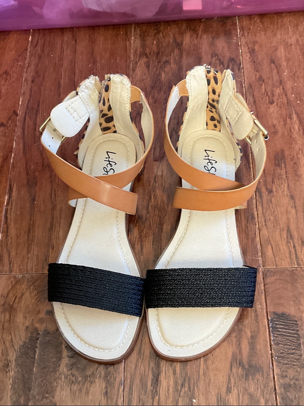 Life Stride Women’s Espadrille Sandals in Black, Tan, Cream with Leopard Accent